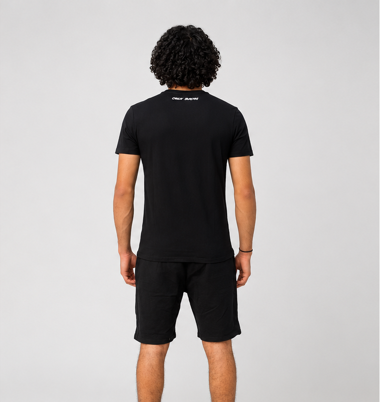 Person wearing a black t-shirt and shorts set with a logo, shown from front and back on a white background.
