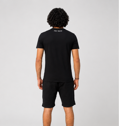 Person wearing a black t-shirt and shorts set with a logo, shown from front and back on a white background.